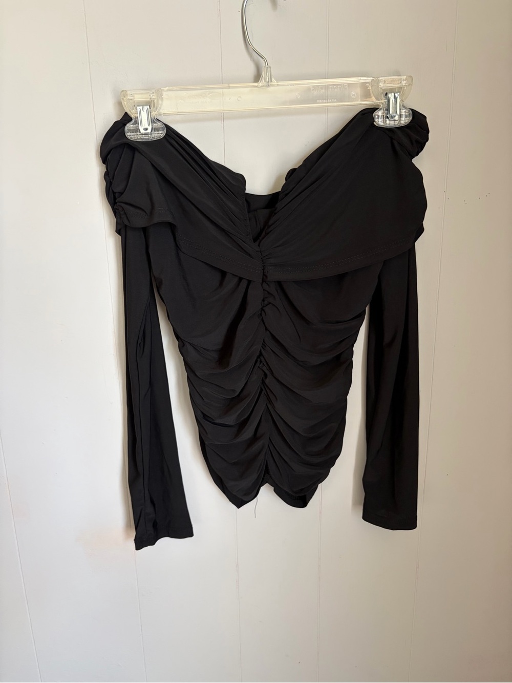 Black Ruched Off-Shoulder Long Sleeve Top